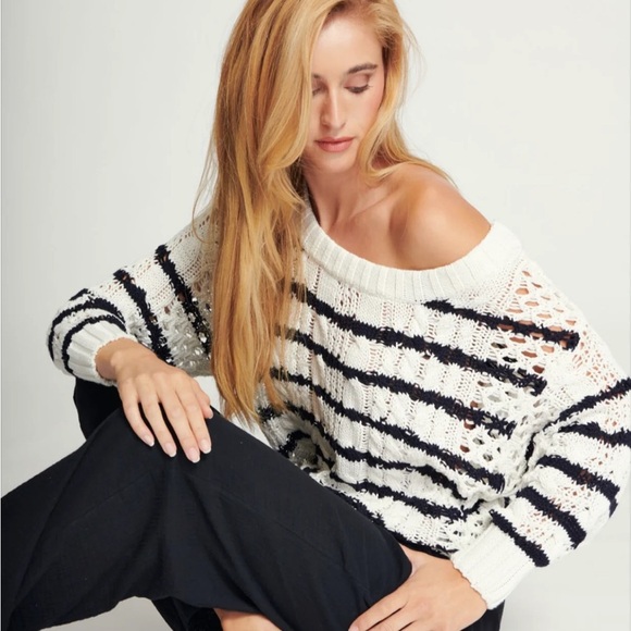 Line the Label Cable-Knit Oversized Open Neck Cotton Striped Sweater Size XS - Picture 3 of 13